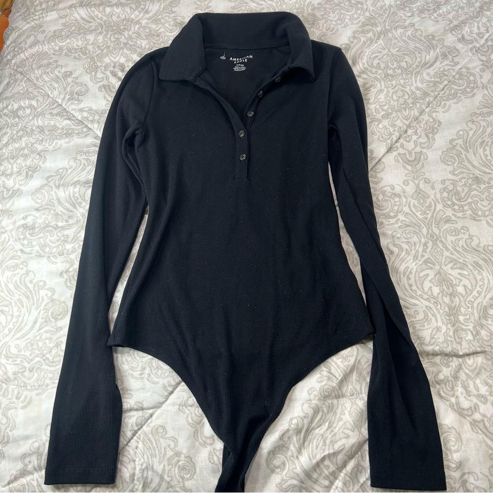 American Eagle black ribbed long-sleeve polo bodysuit